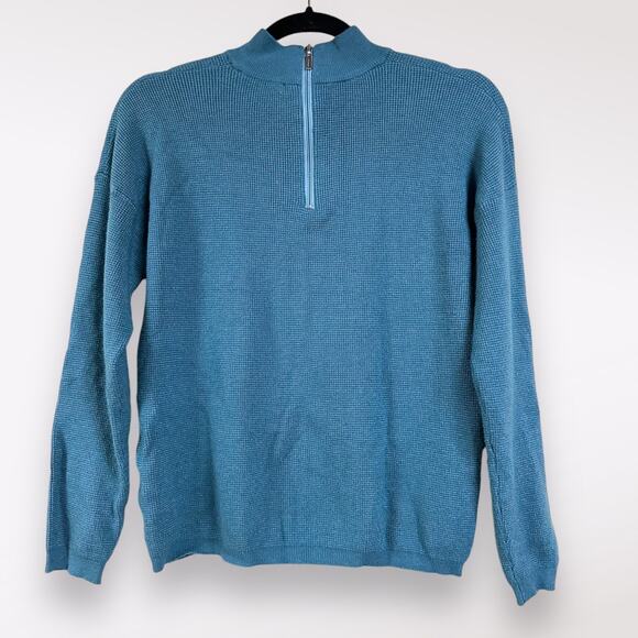 Cyrus | Petite Medium Buttery Soft Blue Teal Knit Pullover Sweater 1/4 Zip Warm - Picture 3 of 9